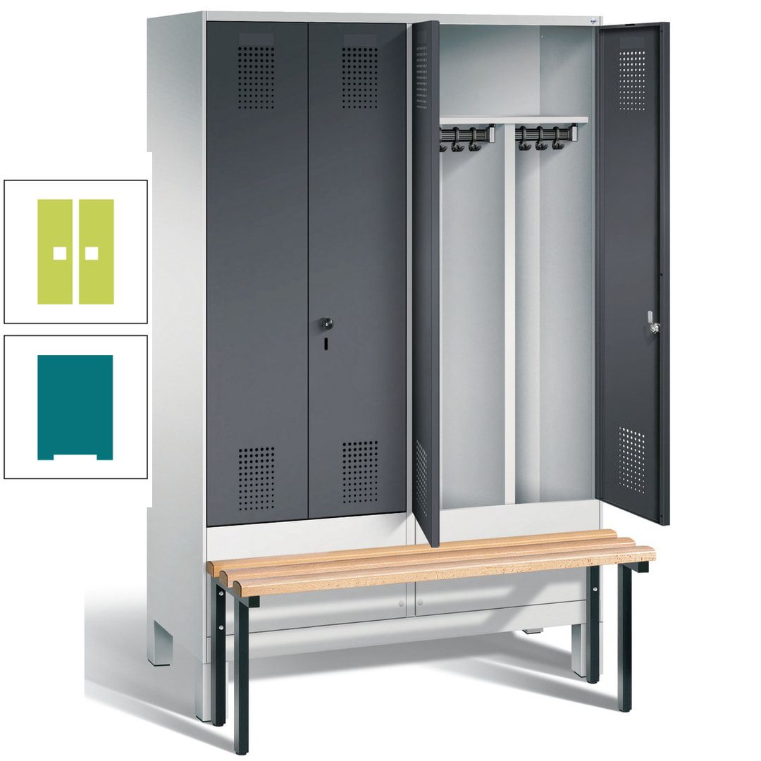 Doppel-Spind, Garderobenschrank, Buche Sitzbank vorgebaut, 4 Abteile a 300 mm, Korpus feuerrot, Tür Wasserblau, 1.850 x 1.200 x 815 mm (HxBxT)