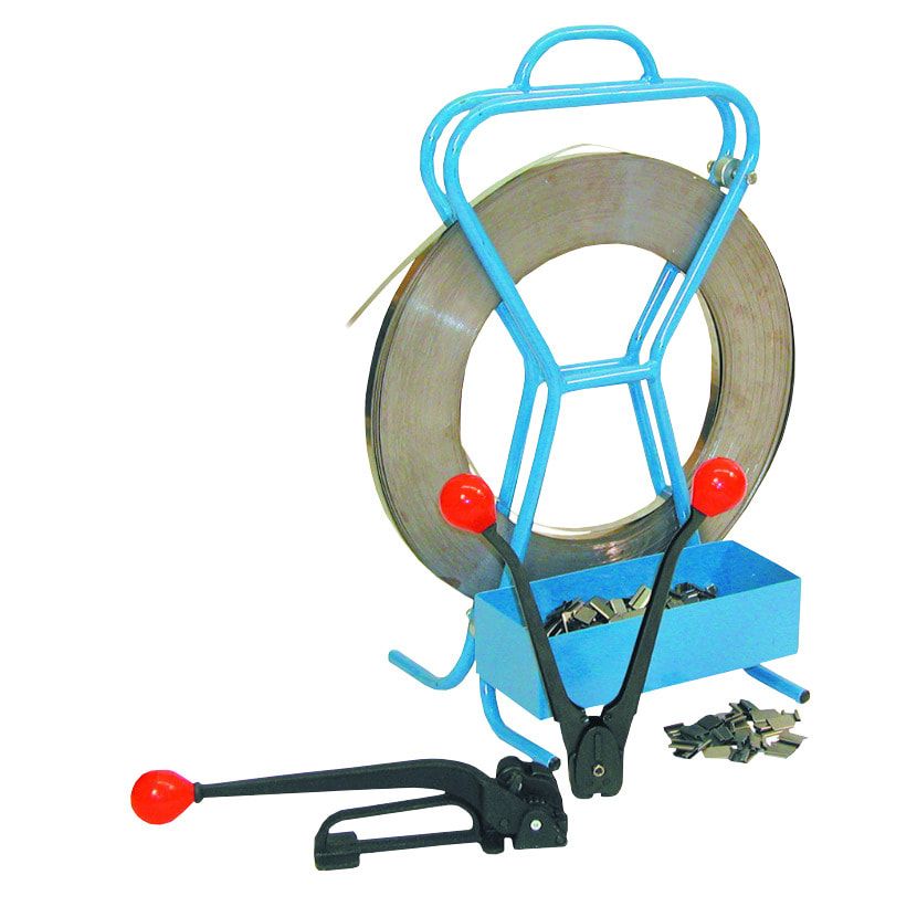 Umreifungs-Set - Stahlband - Bandbreite 16 mm - Stahlbandspanner - Verschlusszange - Abrollwagen - Bandlänge 240 m