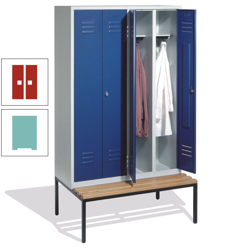 Doppel-Spindschrank, Buche Sitzbank untergebaut, 4 Abteile a 300 mm, Korpus lichtgrau, Tür anthrazitgrau, 2.090 x 1.190 x 815 mm (HxBxT)