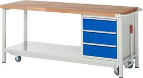 Mobile absenkbare Werkbank mit 3 Schubladen - Teilauszug - 180:3 - 880 x 2.000 x 700 mm (HxBxT) - 1,25 t - Buche - Farbe wählbar