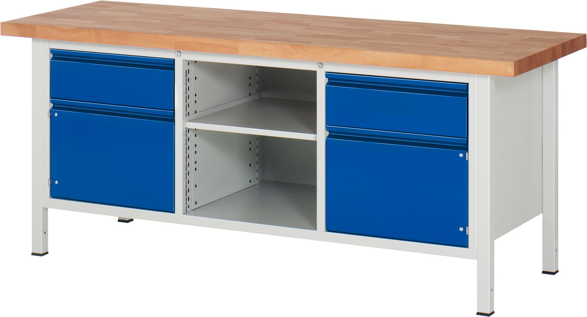 Werkbank - 2 Schubladen - 180:2 - 2 Schränke - höhenverstellbar 840 - 1.040 mm - 2.000 x 700 mm - 1,25 t - Buche - Anthrazitgrau