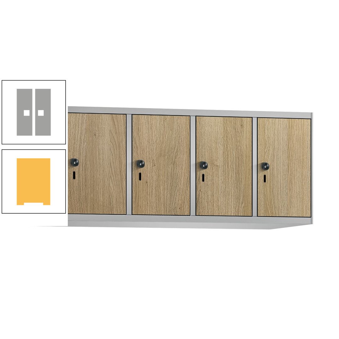 Aufsatzschrank, Schrankaufsatz, 4 Fächer a 300 mm, Farbe Pastellgelb, Tür anthrazitgrau, 500 x 1.200 x 500 mm (HxBxT)