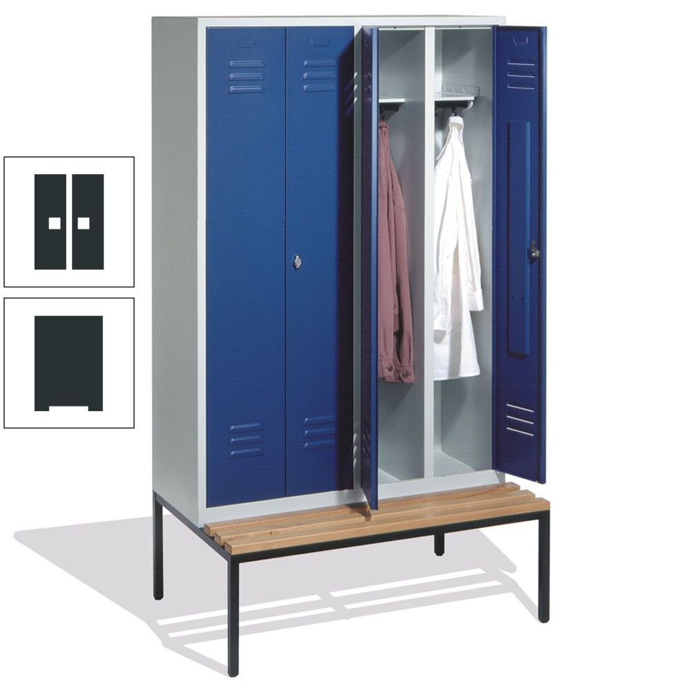 Doppel-Spindschrank, Buche Sitzbank untergebaut, 4 Abteile a 300 mm, Korpus lichtgrau, Tür anthrazitgrau, 2.090 x 1.190 x 815 mm (HxBxT)