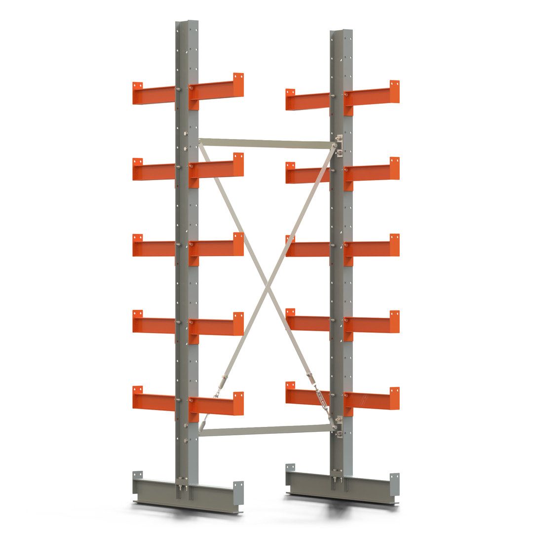 Doppelseitiges Kragarmregal, Anbauregal, 2.500 x 1.000 x 1.120 mm (HxBxT), Nutztiefe 500 mm, Kragarmlast 870 kg, KARL basic, silbergrau/reinorange