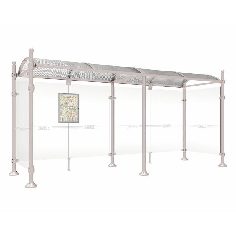 Buswartehalle, Unterstand, 2 Seitenwände, Kopf gebürsteter Edelstahl, ESG, Fahrplanschaukasten, 2.500 x 2.500 x 1.600 mm (HxBxT), Farbe enzianblau