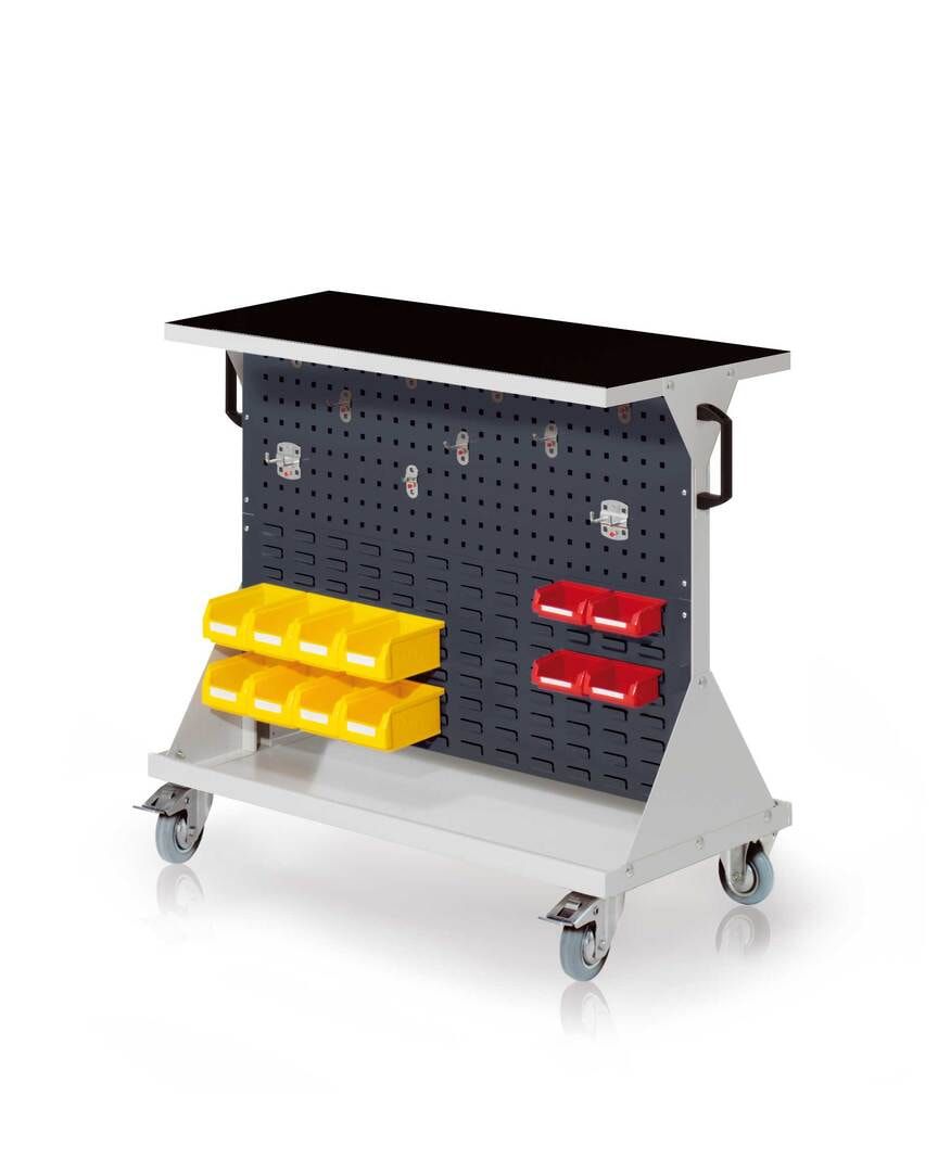 Mobiler Rollwagen, 2 Loch- und 2 Schlitzplatten, 10 Halter, 12 Sichtlagerkästen, Ablage mit Gummi, 930 x 1.000 x 500 mm (HxBxT), Anthrazitgrau