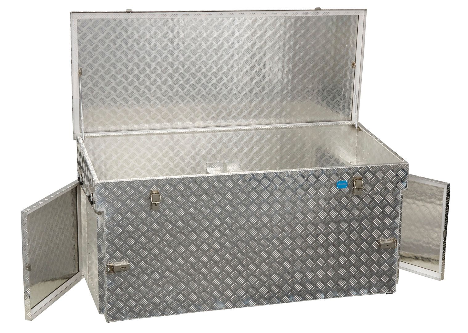 Riffelblech Aluminiumbox - Deckel mit Gasdruckdämpfer - Griffe und Verschlüsse aus Edelstahl - mit seitlichen Türen - Volumen 883 Liter
