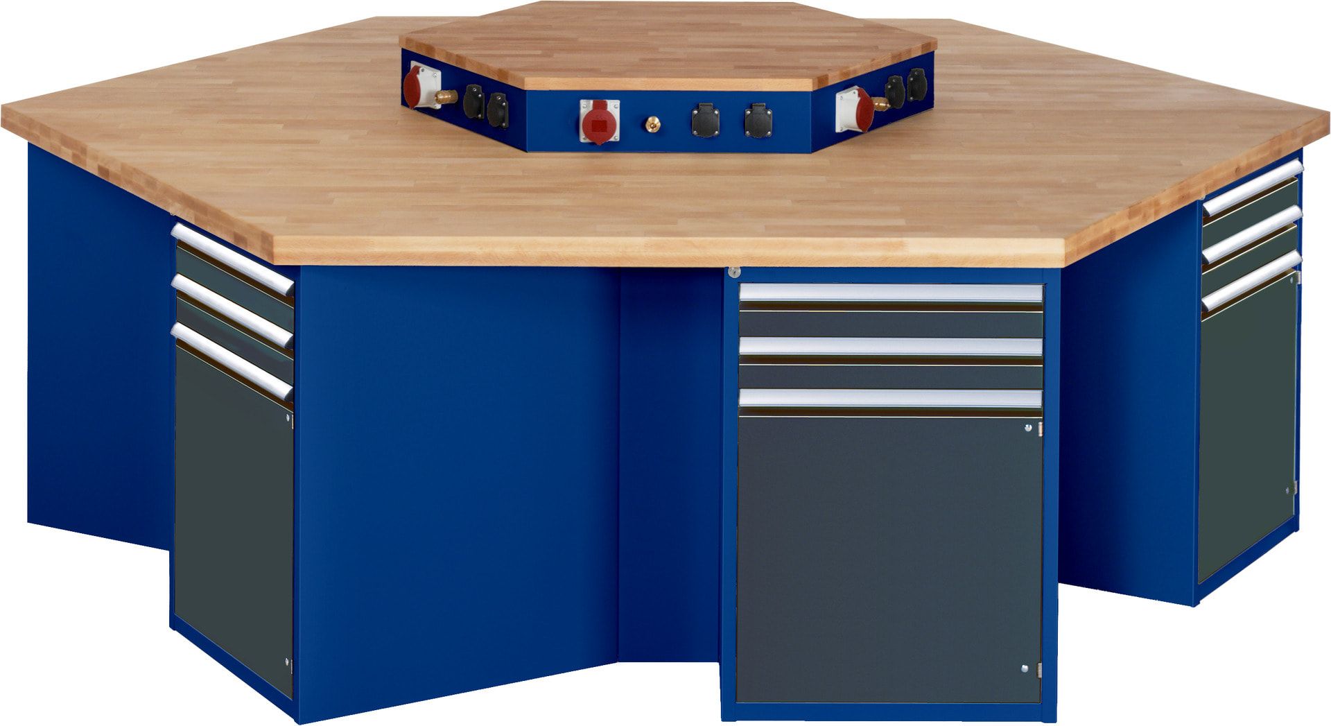 Gruppenwerkbank, Buche, Höhe 840 mm, mit Energieaufsatz, Unterbau-Container, 2 Schubladen, 1 Tür, 1 Boden - Anthrazitgrau