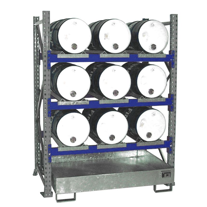 Fassregal mit Auffangwanne - für 9 x 60 Liter Fässer - 3 Etagen - Anbauregal