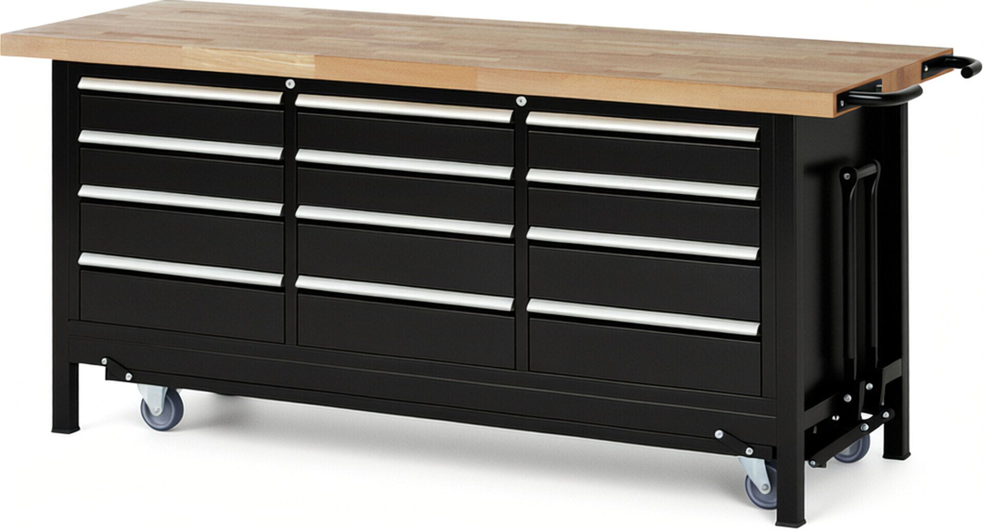 Mobile absenkbare Werkbank, 12 Schubladen - Teilauszug - 120:6/150:6 - 880 x 2.000 x 700 mm (HxBxT) - 1,25 t - Buche - Anthrazitgrau