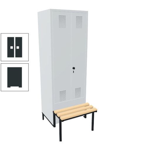 Doppel-Spind, Garderobenschrank, Buche Sitzbank integriert, 2 Abteile a 300 mm, Korpus anthrazitgrau, Tür anthrazitgrau, 1.850 x 600 x 815 mm (HxBxT)
