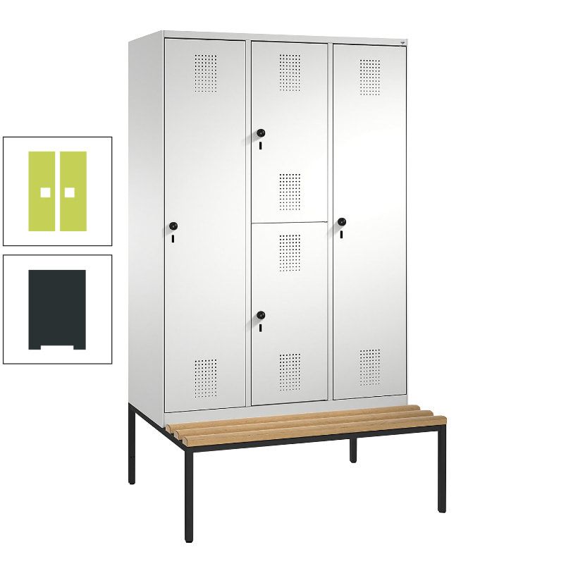 Garderobenschrank, Spind ein- und doppelstöckig Sitzbank, 3 Abteile, 4 Fächer, 2.090x1.200x500 mm (HxBxT), Front anthrazitgrau, Korpus anthrazitgrau