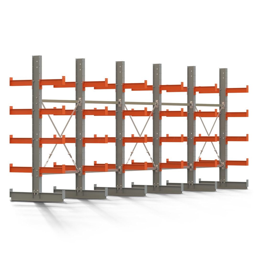 Doppelseitiges Kragarmregal, 2 Felder, 2.000 x 2.000 x 1.120 mm (HxBxT), Nutztiefe 500 mm, Kragarmlast 870 kg, KARL basic, silbergrau/reinorange