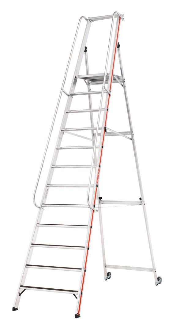 Plattformleiter mit langem Handlauf, zwei Kipprollen, Rutschhemmung R13, Ablage und Eimerhaken, Leiterlänge 1.950 mm, 4 Stufen, Traglast 150 kg, Hymer