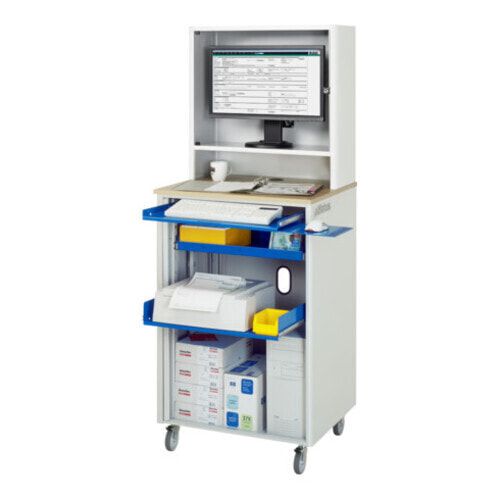 Computer-Arbeitsplatz, Steckdosen Buche-Dekor, Monitorgehäuse, verschließbare Rollladen, Tastaturtablar, mobil - Anthrazitgrau
