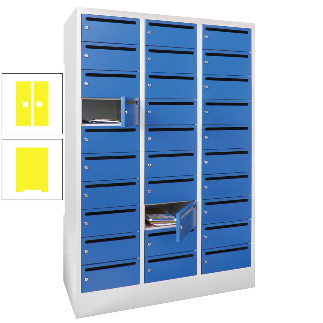 Postverteilerschrank, Schließfachschrank, 3 Abteile a 300 mm, 30 Fächer, 1.850 x 900 x 500 mm (HxBxT), Korpus anthrazitgrau, Front anthrazitgrau