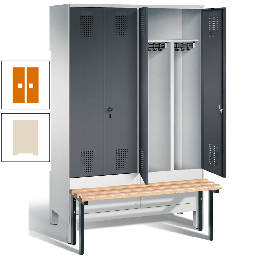 Doppel-Spind, Garderobenschrank, Buche Sitzbank vorgebaut, 4 Abteile a 300 mm, Korpus feuerrot, Tür Wasserblau, 1.850 x 1.200 x 815 mm (HxBxT)