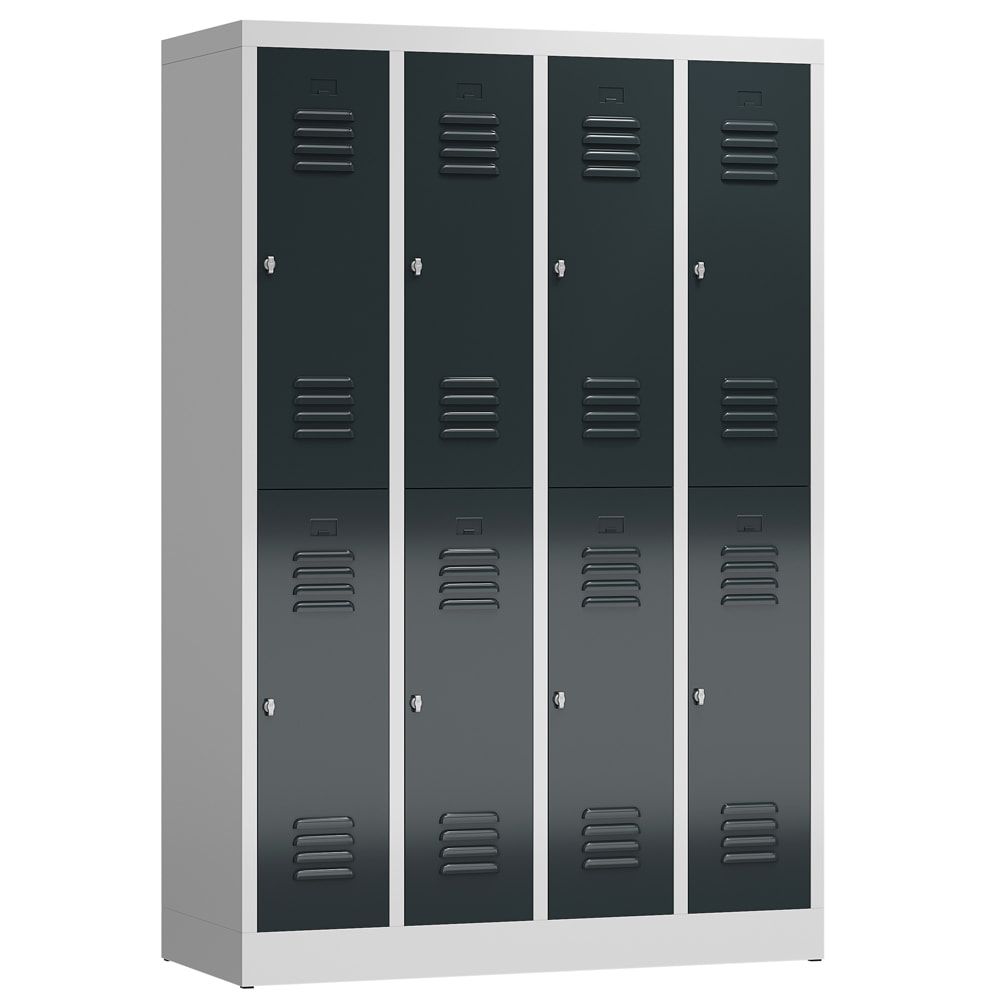 Garderobenschrank, Doppelstockspind, 4 Abteil, 8 Fächer, 1.800 x 1.185 x 500 mm (HxBxT), Stahl, Drehriegel, Korpus: lichtgrau, Front: anthrazitgrau