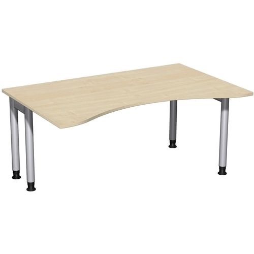 Ergo-Schreibtisch, Füße einseitig verkürzt, 4-Fuß Pro, höhenverstellbar, 680-800 x 1.600 x 1.000 mm (HxBxT), Gestell silber, Dekor Ahorn