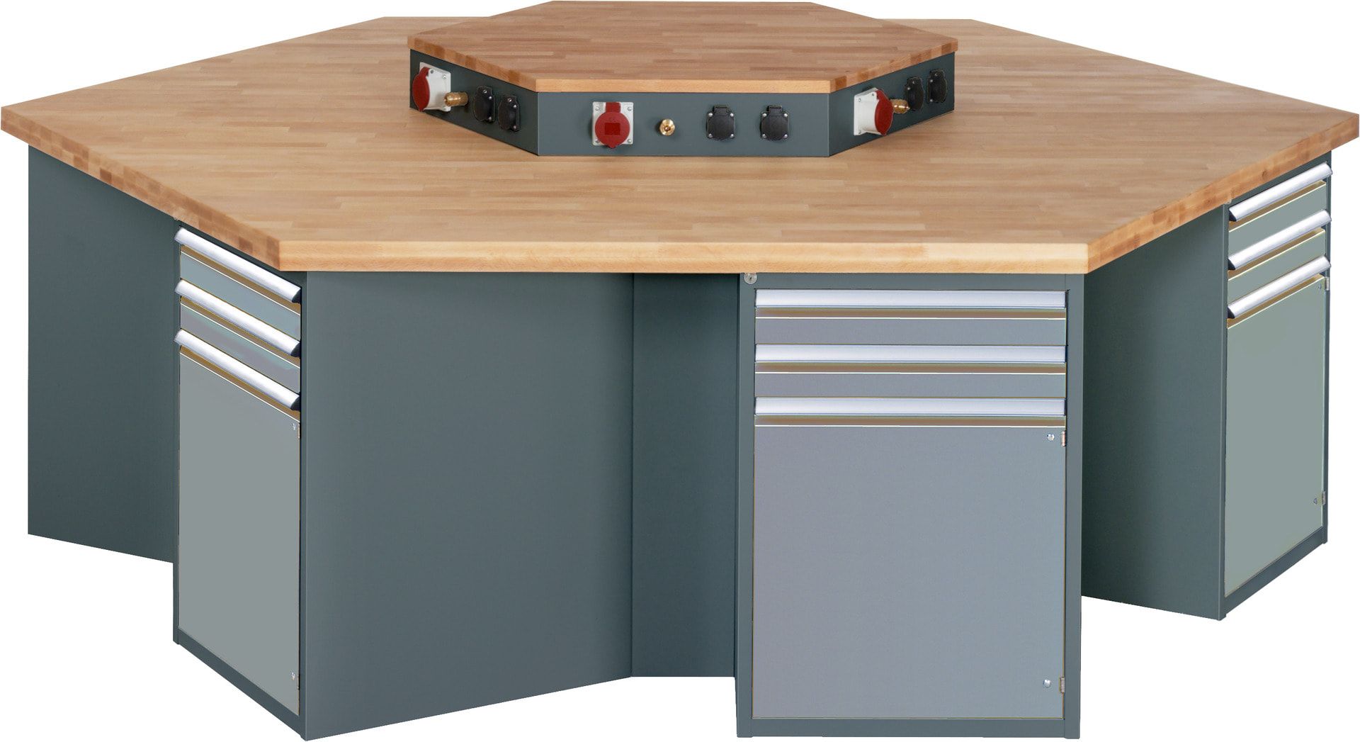 Gruppenwerkbank, Buche, Höhe 840 mm, mit Energieaufsatz, Unterbau-Container, 2 Schubladen, 1 Tür, 1 Boden - Anthrazitgrau