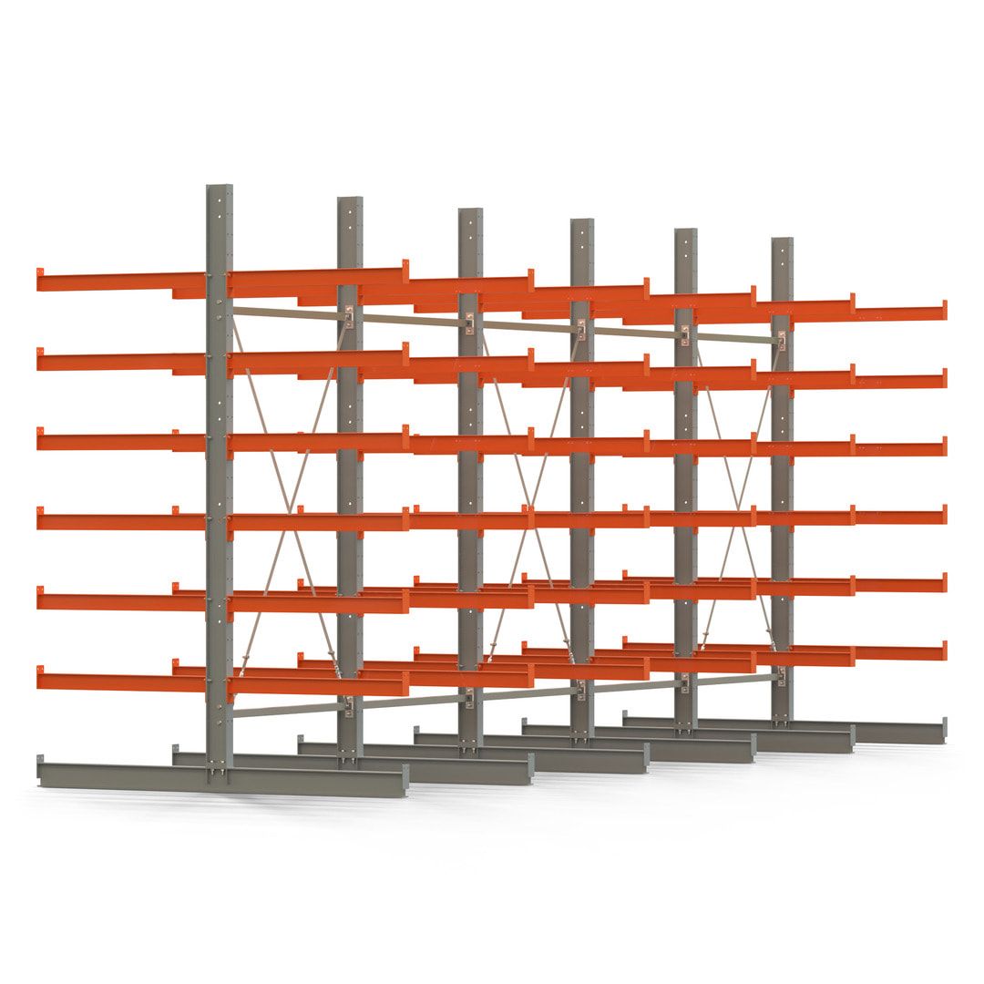 Doppelseitiges Kragarmregal, 2 Felder, 3.000 x 2.560 x 1.120 mm (HxBxT), Nutztiefe 500 mm, Kragarmlast 870 kg, KARL basic, silbergrau/reinorange