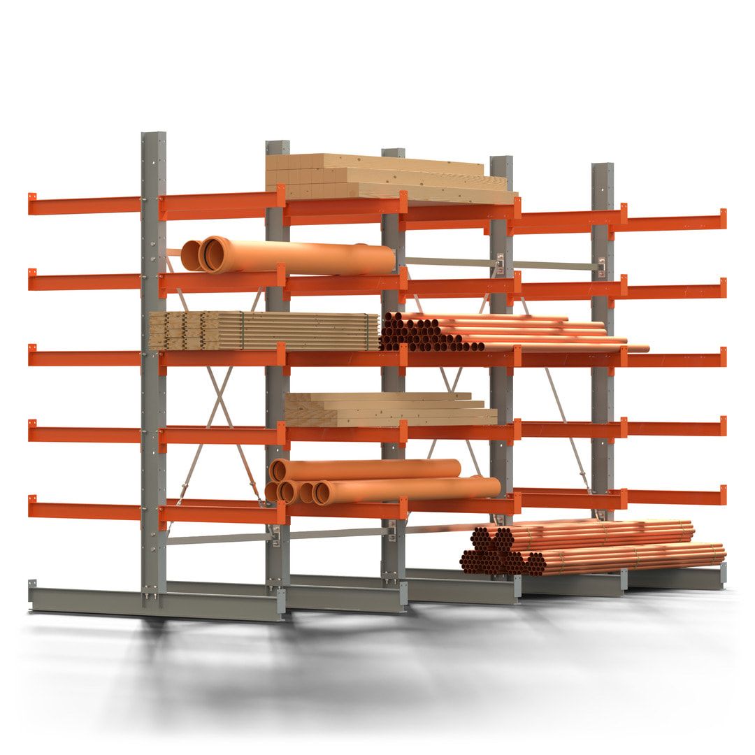 Doppelseitiges Kragarmregal, 2 Felder, 2.500 x 2.000 x 1.120 mm (HxBxT), Nutztiefe 500 mm, Kragarmlast 870 kg, KARL basic, silbergrau/reinorange