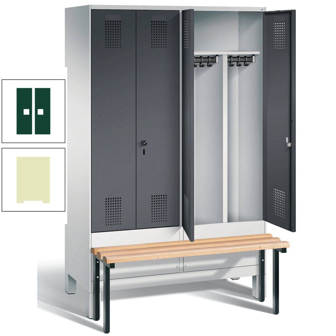 Doppel-Spind, Garderobenschrank, Buche Sitzbank vorgebaut, 4 Abteile a 300 mm, Korpus feuerrot, Tür Wasserblau, 1.850 x 1.200 x 815 mm (HxBxT)