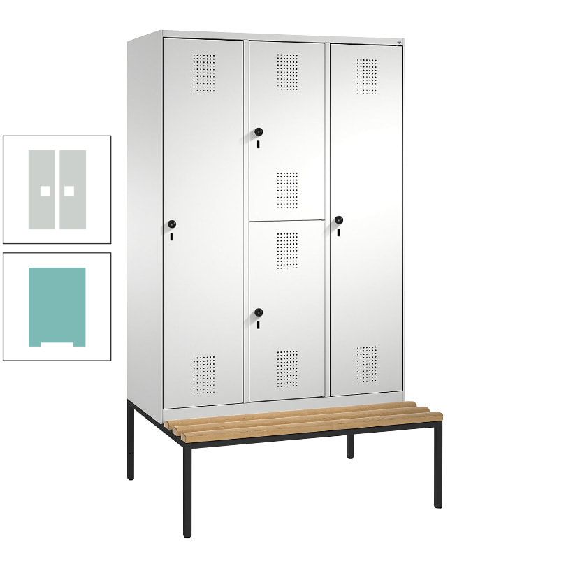 Garderobenschrank, Spind ein- und doppelstöckig Sitzbank, 3 Abteile, 4 Fächer, 2.090x1.200x500 mm (HxBxT), Front anthrazitgrau, Korpus anthrazitgrau