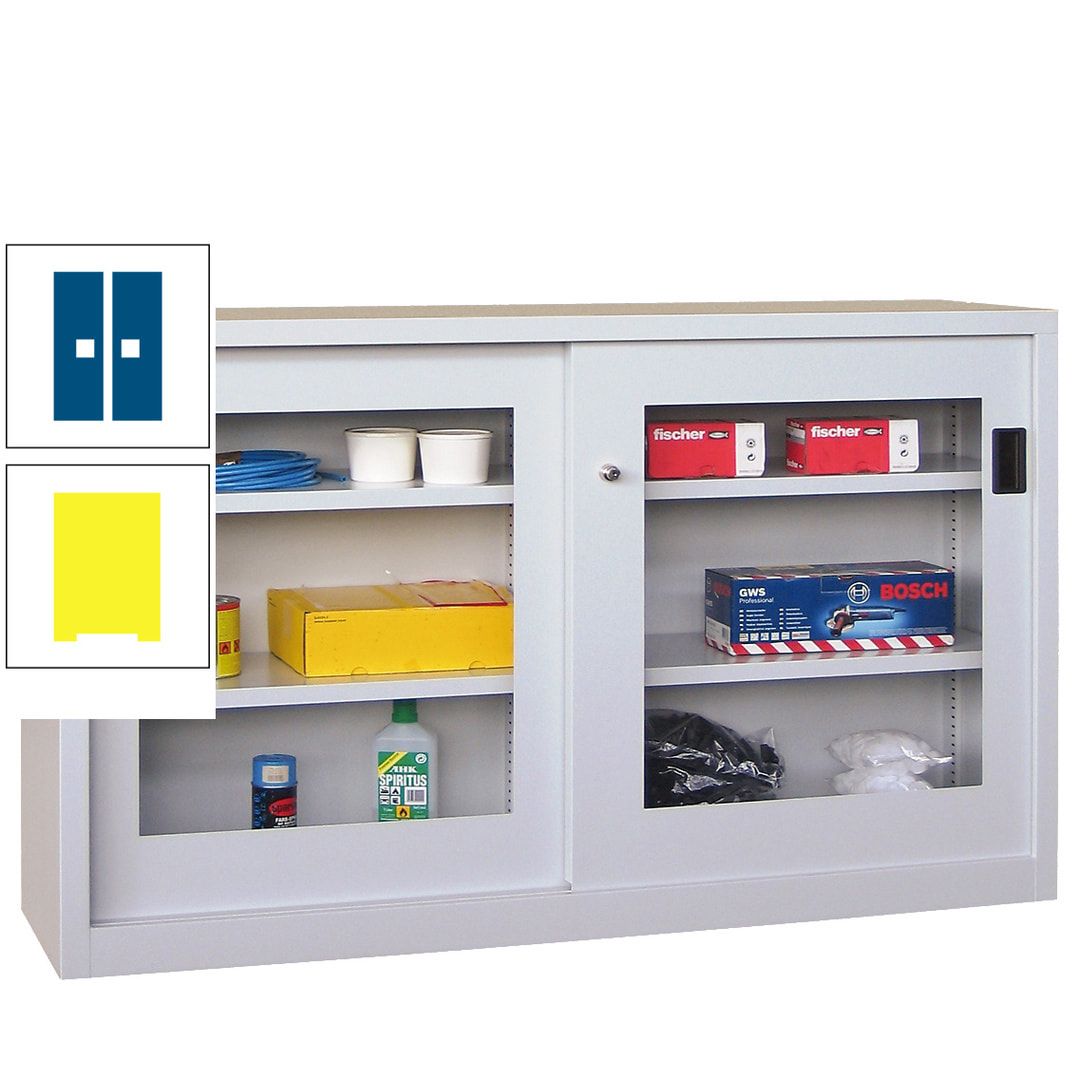 Schiebetürenschrank - Sichtfenstertüren - 1.000x1.500x600 mm (HxBxT) - 4 Böden, verzinkt - Zylinderschloss - anthrazitgrau