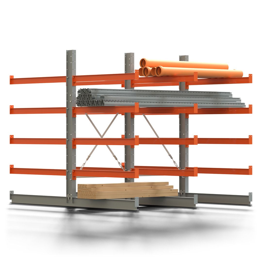 Doppelseitiges Kragarmregal, 2 Felder, 2.000 x 2.000 x 1.120 mm (HxBxT), Nutztiefe 500 mm, Kragarmlast 870 kg, KARL basic, silbergrau/reinorange