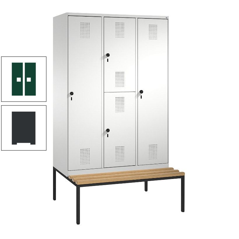 Garderobenschrank, Spind ein- und doppelstöckig Sitzbank, 3 Abteile, 4 Fächer, 2.090x1.200x500 mm (HxBxT), Front anthrazitgrau, Korpus anthrazitgrau