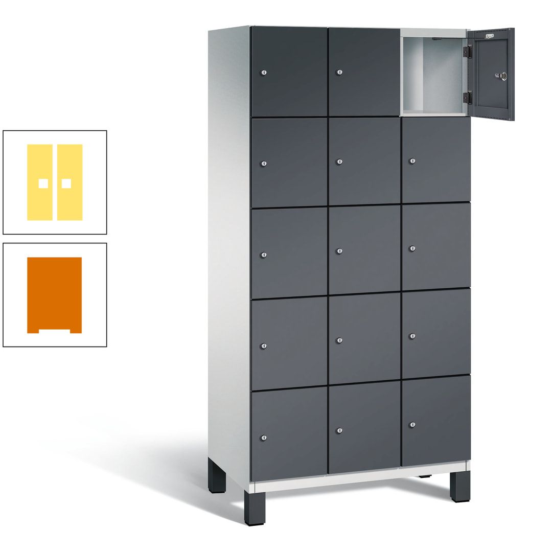 Fächerschrank, Stahlschrank, 15 Fächer, Türöffnungsbegrenzer, Füße, 1.980 x 900 x 525 mm (HxBxT), Korpus anthrazitgrau, Front anthrazitgrau
