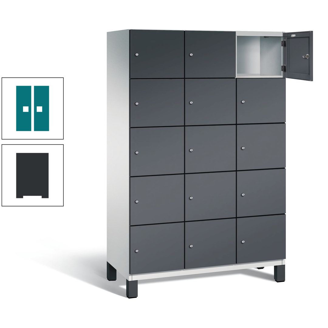 Fächerschrank, Stahlschrank, 15 Fächer, Türöffnungsbegrenzer, Füße, 1.980 x 1.200 x 525 mm (HxBxT), Korpus anthrazitgrau, Front anthrazitgrau