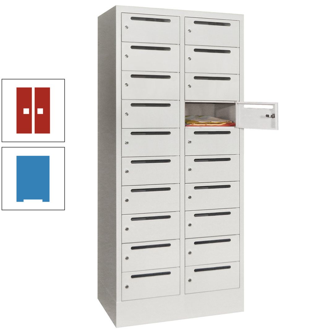 Postverteilerschrank, Schließfachschrank, 2 Abteile a 400 mm, 20 Fächer, 1.850 x 800 x 500 mm (HxBxT), Korpus anthrazitgrau, Front anthrazitgrau