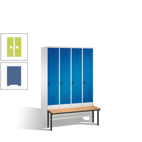 Stahl-Garderobenschrank, Spind, Buche Sitzbank vorgebaut, 4 Abteile a 300 mm, Korpus Lichtgrün, Tür Schwefelgelb, 1.850 x 1.200 x 815 mm (HxBxT)