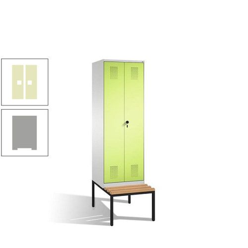 Doppel-Spind, Garderobenschrank, Buche Sitzbank untergebaut, 2 Abteile a 300 mm, Korpus anthrazitgrau, Tür anthrazitgrau, 2.090 x 600 x 815 mm (HxBxT)