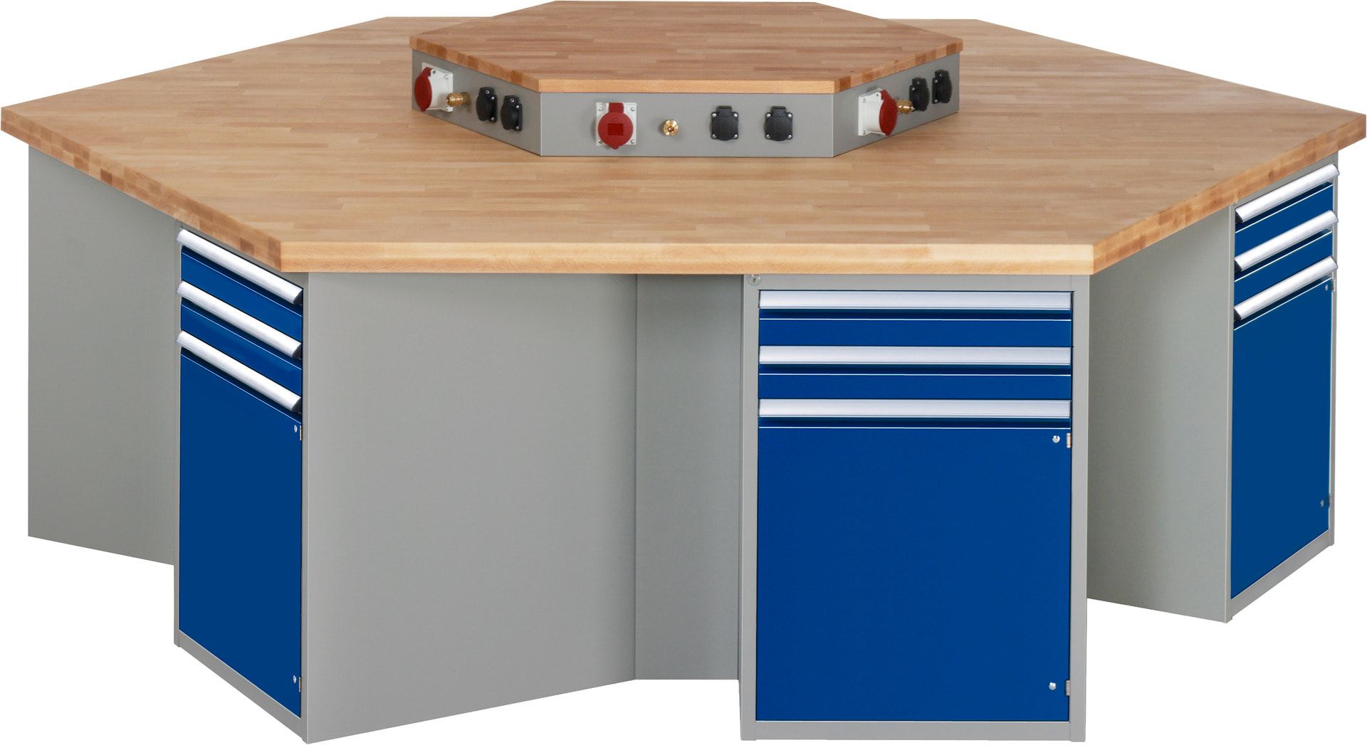 Gruppenwerkbank, Buche, Höhe 840 mm, mit Energieaufsatz, Unterbau-Container, 2 Schubladen, 1 Tür, 1 Boden - Anthrazitgrau