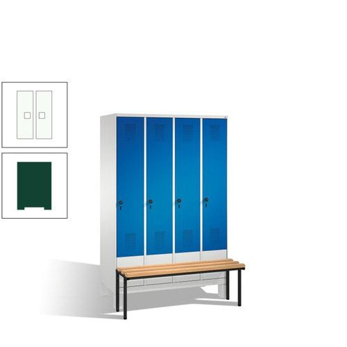 Stahl-Garderobenschrank, Spind, Buche Sitzbank vorgebaut, 4 Abteile a 300 mm, Korpus Lichtgrün, Tür Schwefelgelb, 1.850 x 1.200 x 815 mm (HxBxT)