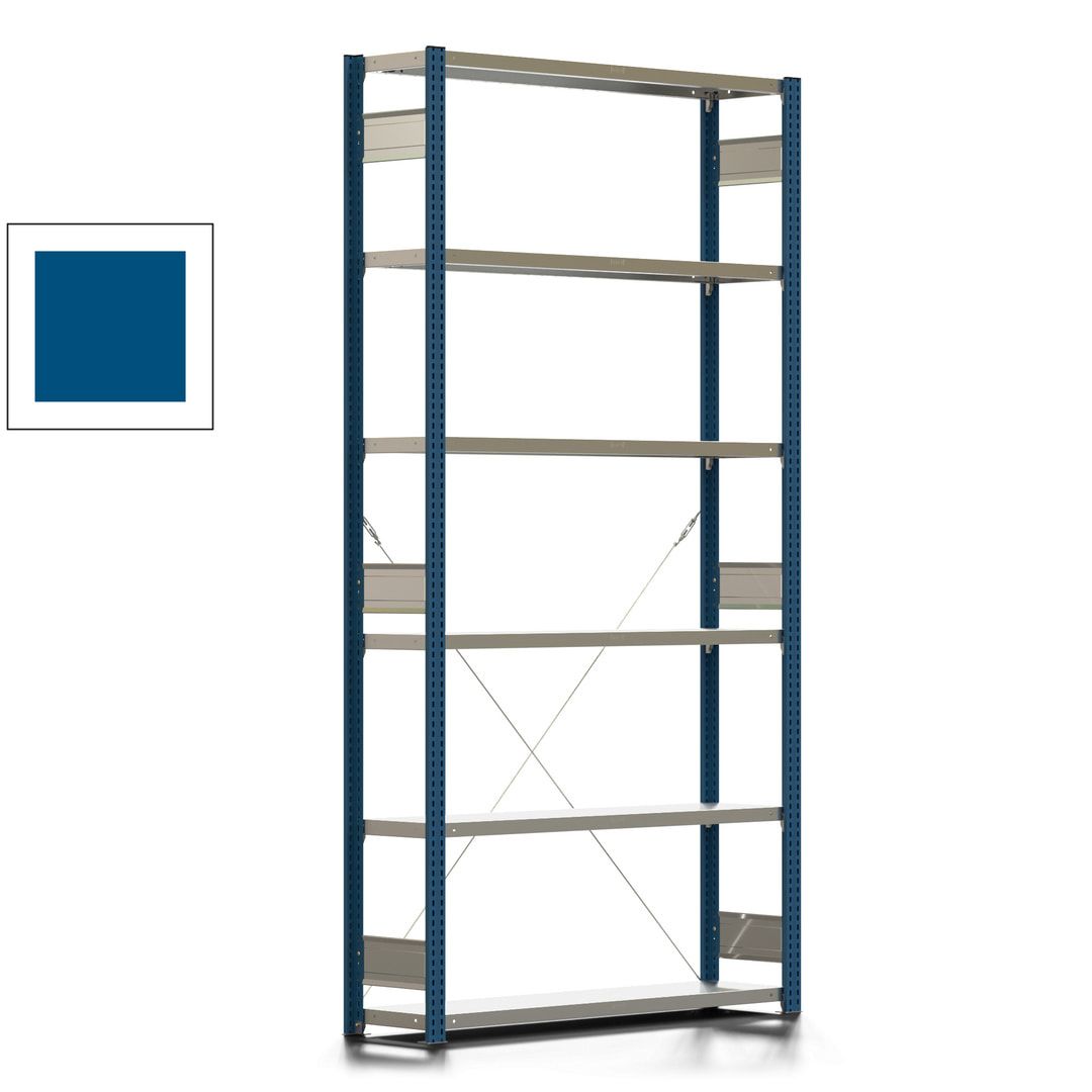 Fachbodenregal mit Tiefenriegel - 350 kg - 2.500 x 1.285 x 326 mm (HxBxT) - Anbauregal - 6 Böden - enzianblau - Lagerregal - Steckregal BERT
