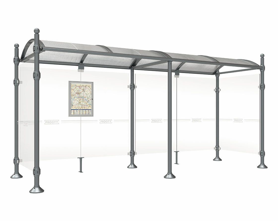 Buswartehalle, Unterstand, 2 Seitenwände, Kopf gebürsteter Edelstahl, ESG, Fahrplanschaukasten, 2.500 x 2.500 x 1.600 mm (HxBxT), Farbe enzianblau