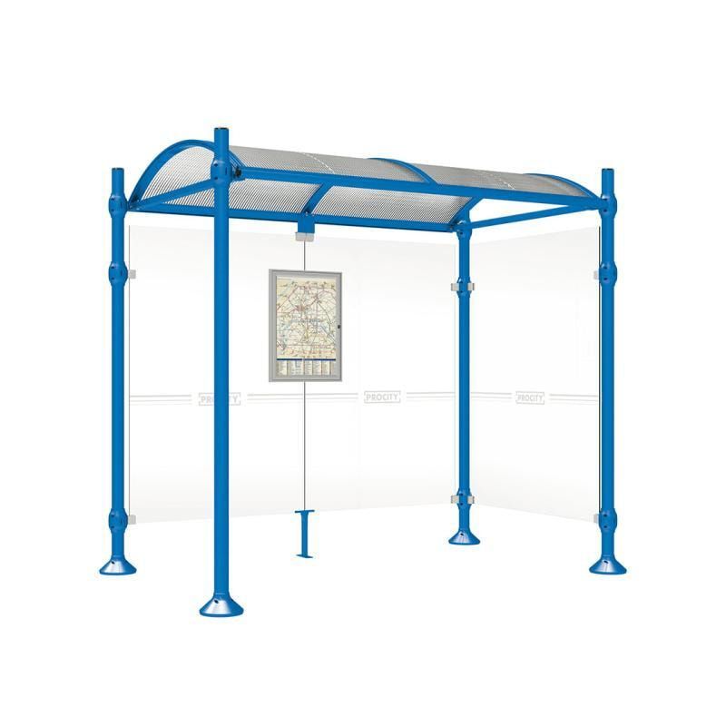 Buswartehalle, Unterstand, 2 Seitenwände, Kopf gebürsteter Edelstahl, ESG, Fahrplanschaukasten, 2.500 x 2.500 x 1.600 mm (HxBxT), Farbe enzianblau
