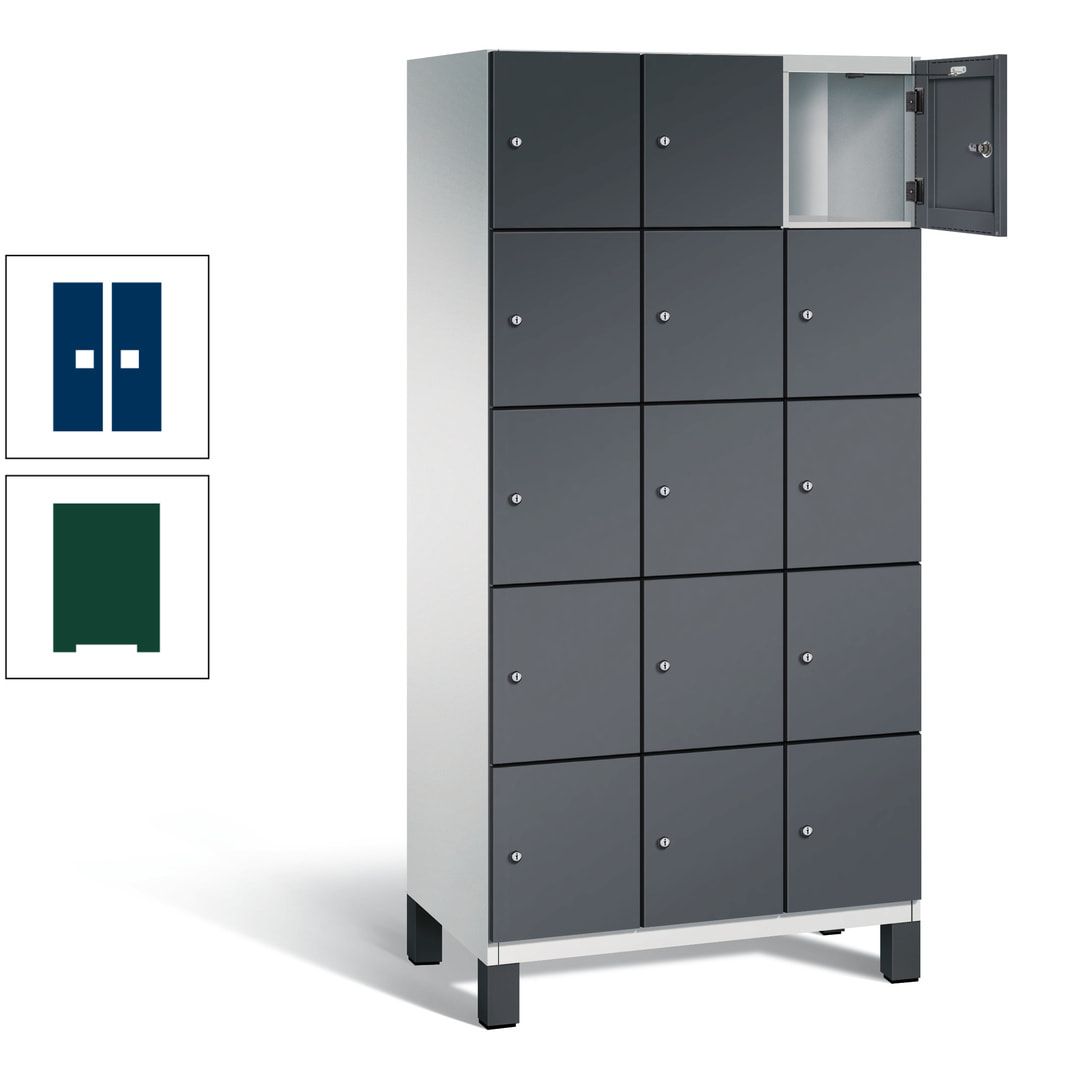 Fächerschrank, Stahlschrank, 15 Fächer, Türöffnungsbegrenzer, Füße, 1.980 x 900 x 525 mm (HxBxT), Korpus anthrazitgrau, Front anthrazitgrau