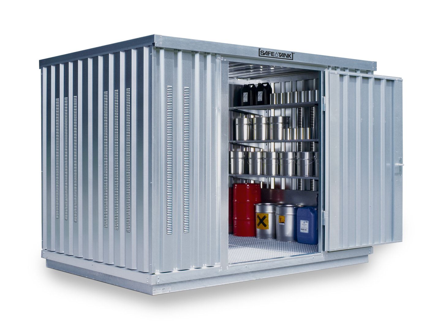Gefahrstoffcontainer - Gefahrstoffdepot - 2.350 x 3.050 x 2.170 mm (HxBxT) - Auffangvolumen 1.030 l - Lüftungsschlitze - Doppelflügeltür kurze Seite