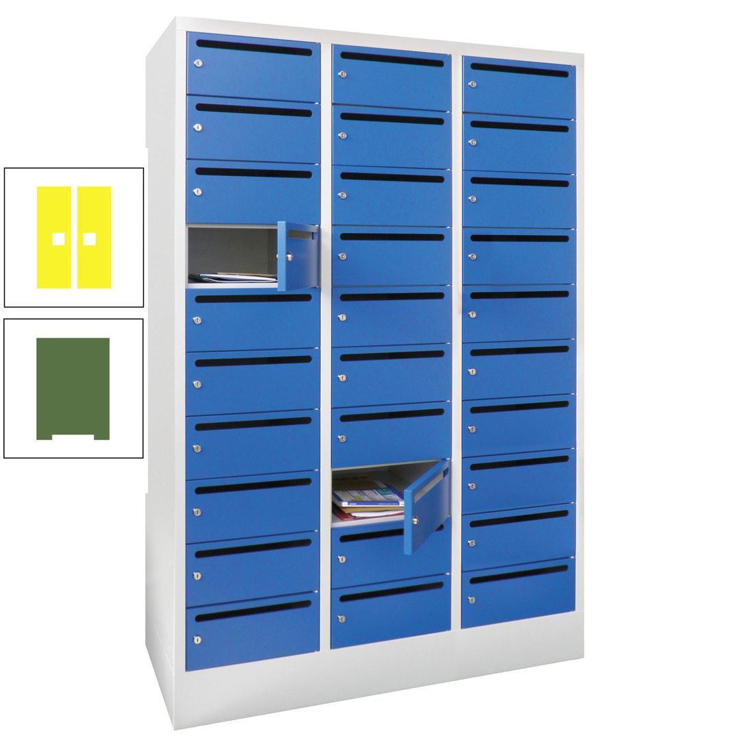Postverteilerschrank, Schließfachschrank, 3 Abteile a 300 mm, 30 Fächer, 1.850 x 900 x 500 mm (HxBxT), Korpus anthrazitgrau, Front anthrazitgrau