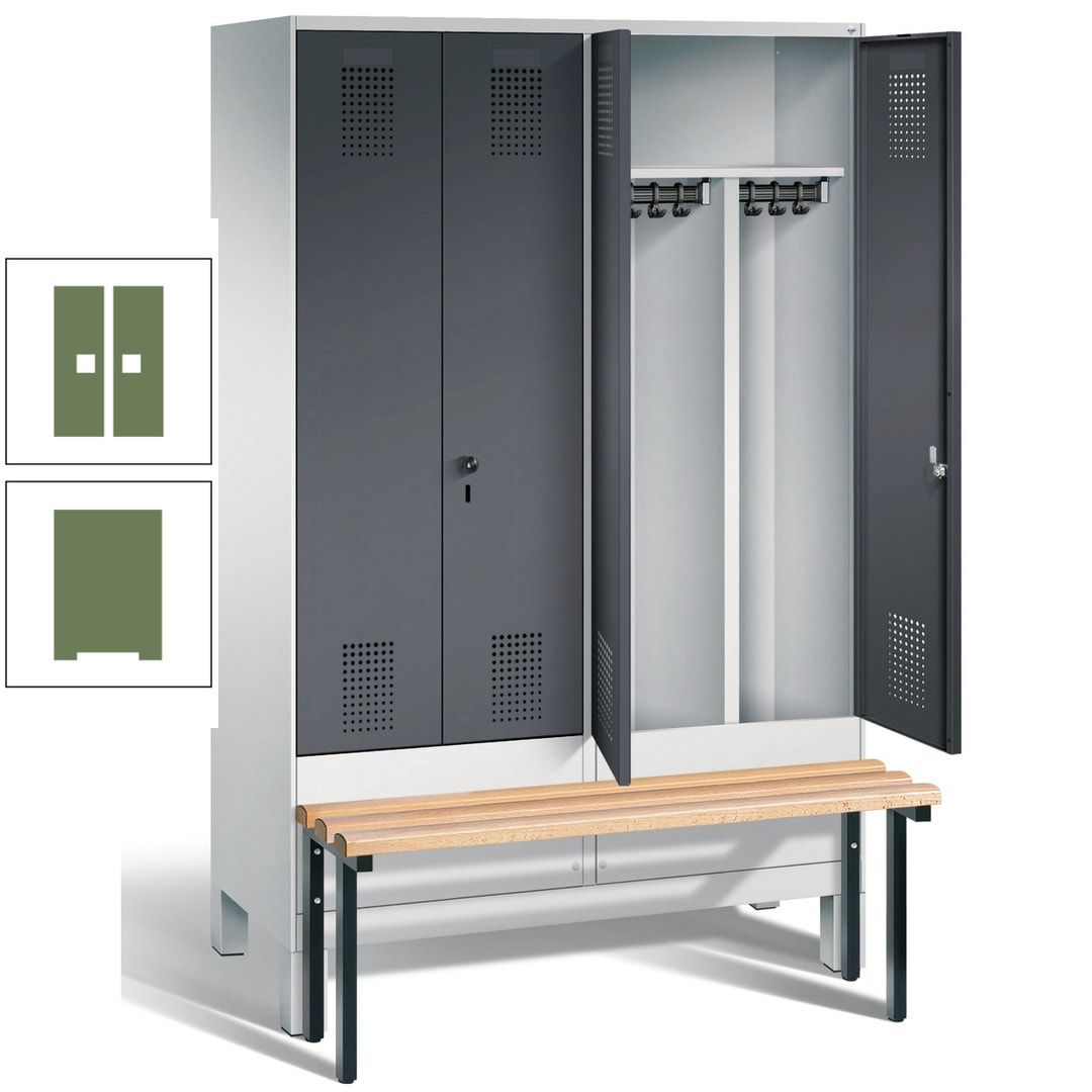 Doppel-Spind, Garderobenschrank, Buche Sitzbank vorgebaut, 4 Abteile a 300 mm, Korpus feuerrot, Tür Wasserblau, 1.850 x 1.200 x 815 mm (HxBxT)