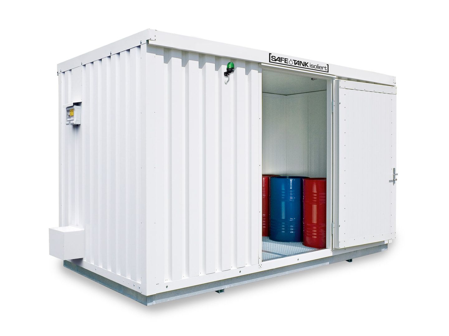 Isolierter Gefahrstoffcontainer - 2.510 x 4.050 x 2.170 mm (HxBxT) - Auffangvolumen 1.050 l - Dauerlüfter - Doppelflügeltür kurze Seite