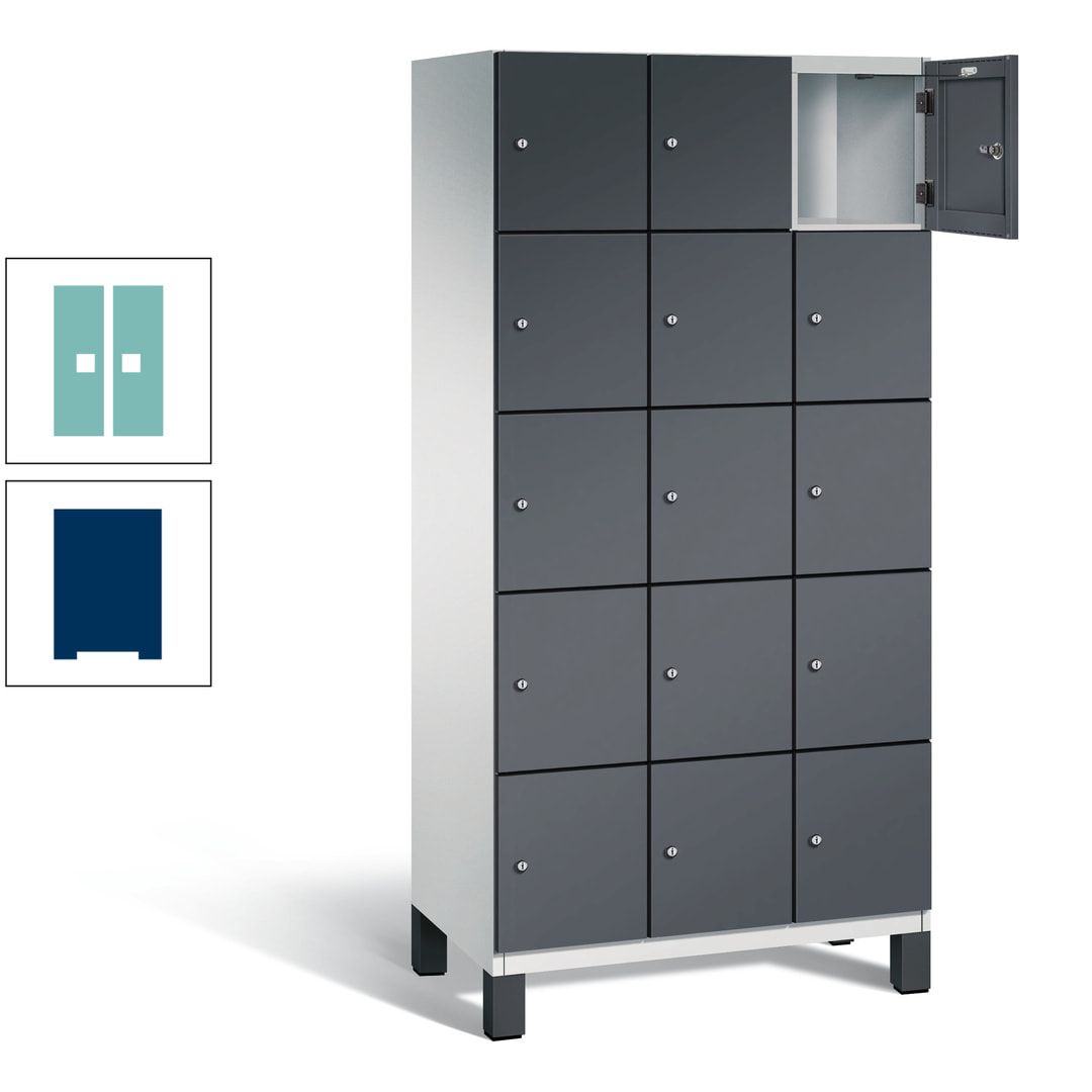Fächerschrank, Stahlschrank, 15 Fächer, Türöffnungsbegrenzer, Füße, 1.980 x 900 x 525 mm (HxBxT), Korpus anthrazitgrau, Front anthrazitgrau