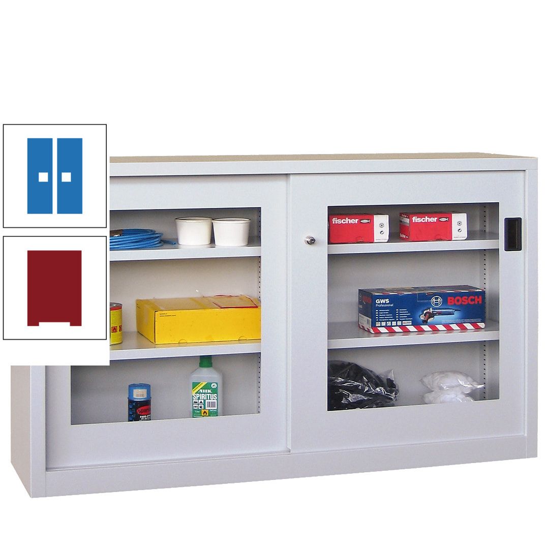 Schiebetürenschrank - Sichtfenstertüren - 1.000x1.500x600 mm (HxBxT) - 4 Böden, verzinkt - Zylinderschloss - anthrazitgrau