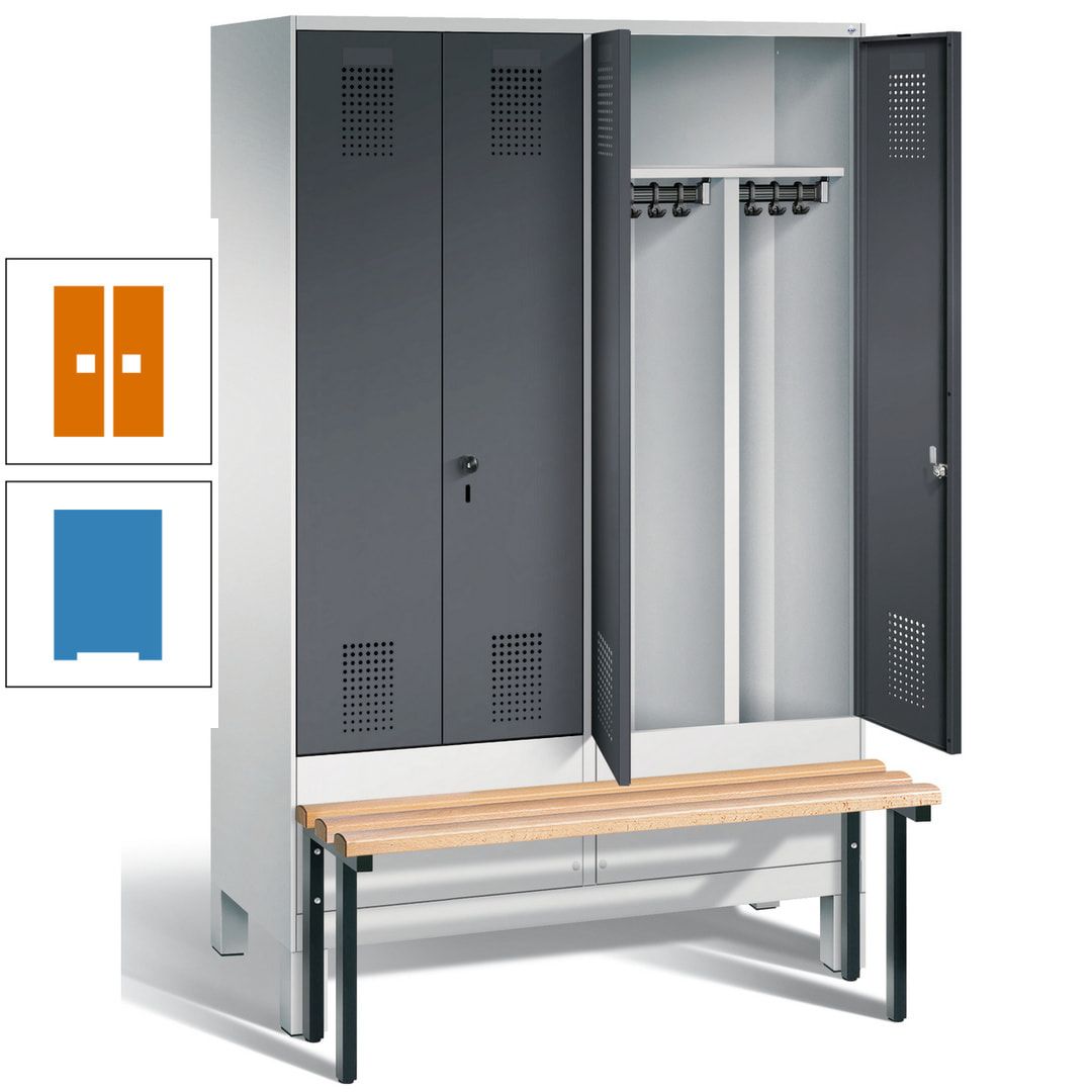 Doppel-Spind, Garderobenschrank, Buche Sitzbank vorgebaut, 4 Abteile a 300 mm, Korpus feuerrot, Tür Wasserblau, 1.850 x 1.200 x 815 mm (HxBxT)