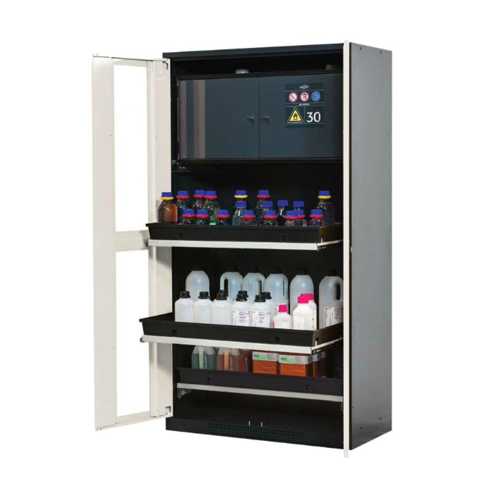 Chemikalienschrank - Sicherheitsbox - Flügeltüren, goldgelb - 2 Fachböden - Lochblecheinsatz - 1.950 x 1.055 x 520 mm - Stahl, pulverbeschichtet